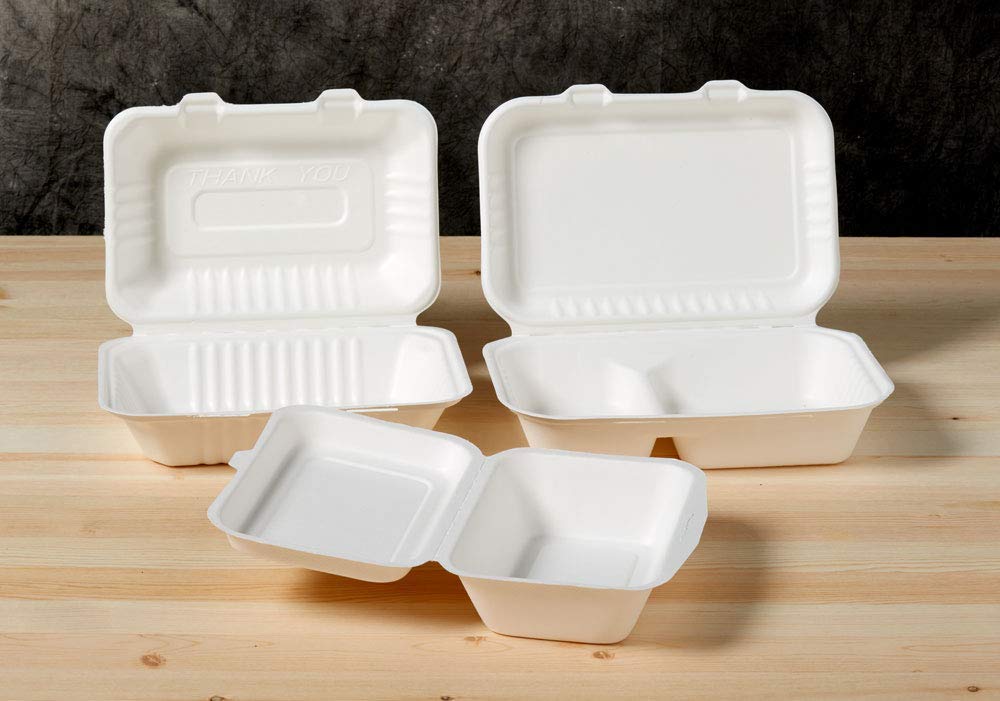 6" x 6" x 3" Sugarcane Clamshell Containers, Qty 50
