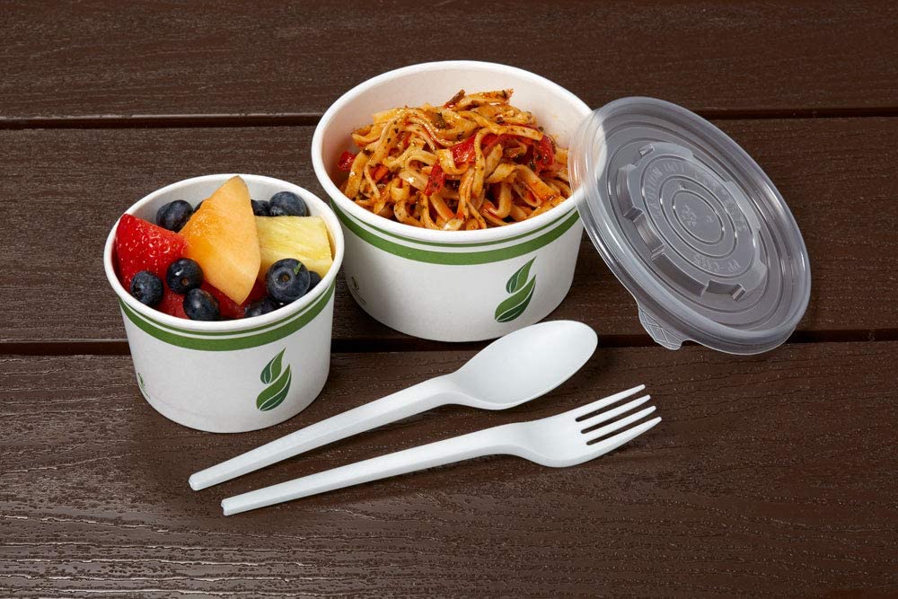 12 oz PLA-Lined Paper Food Containers and CPLA Lids, Qty 50 containers and 50 lids