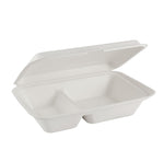 9" x 6" x 3" 2-Compartment Sugarcane Clamshell Containers, Qty 50