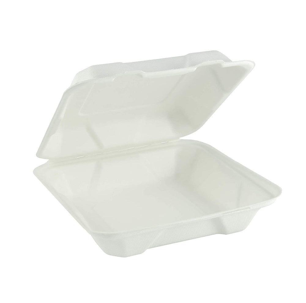 8" x 8.5" x 3" Sugarcane Clamshell Containers, Qty 50