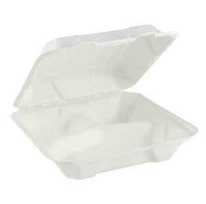 9" x 9" x 3" 3-Compartment Sugarcane Clamshell Containers, Qty 50